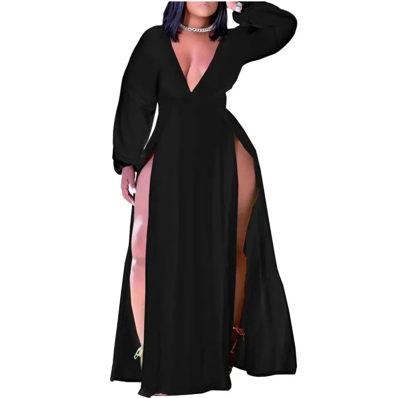 NEW Arrivals XL-5XL Plus Size Pink/Black/Red/ Blue Fall Sexy Dresses Curvy Chubby BBW Women Clothing Solid Long Sleeve V Neck Split Sexy Party Evening Dress Ladies Sexy Fashion Apparel Supplies