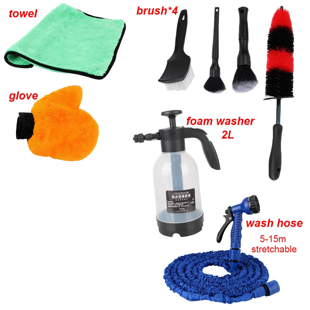 Motorcycle Care Set Detailing Brushes Towel Wash Gloves Foam Washer Bucket Hose Extension Tire Rim Cleaning Tool Car Accessories