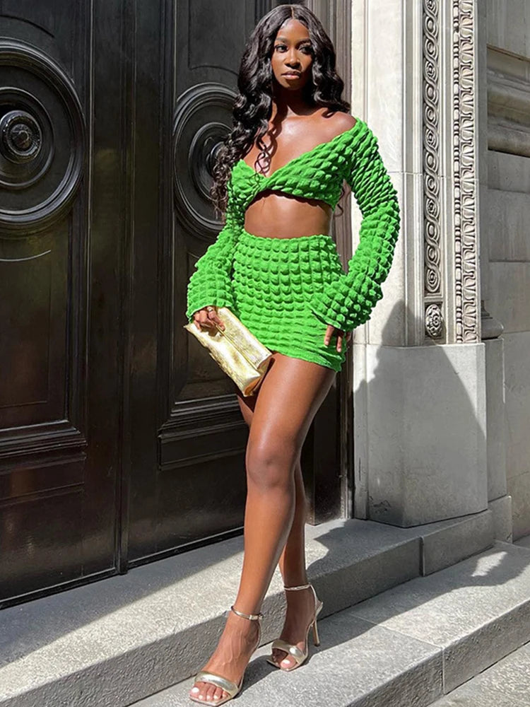 Skirt Set Women Outfits Twist Long Sleeve High Waist Skirt Suit Two Piece Set Beach Outfits Streetwear Green 2023 Matching Set