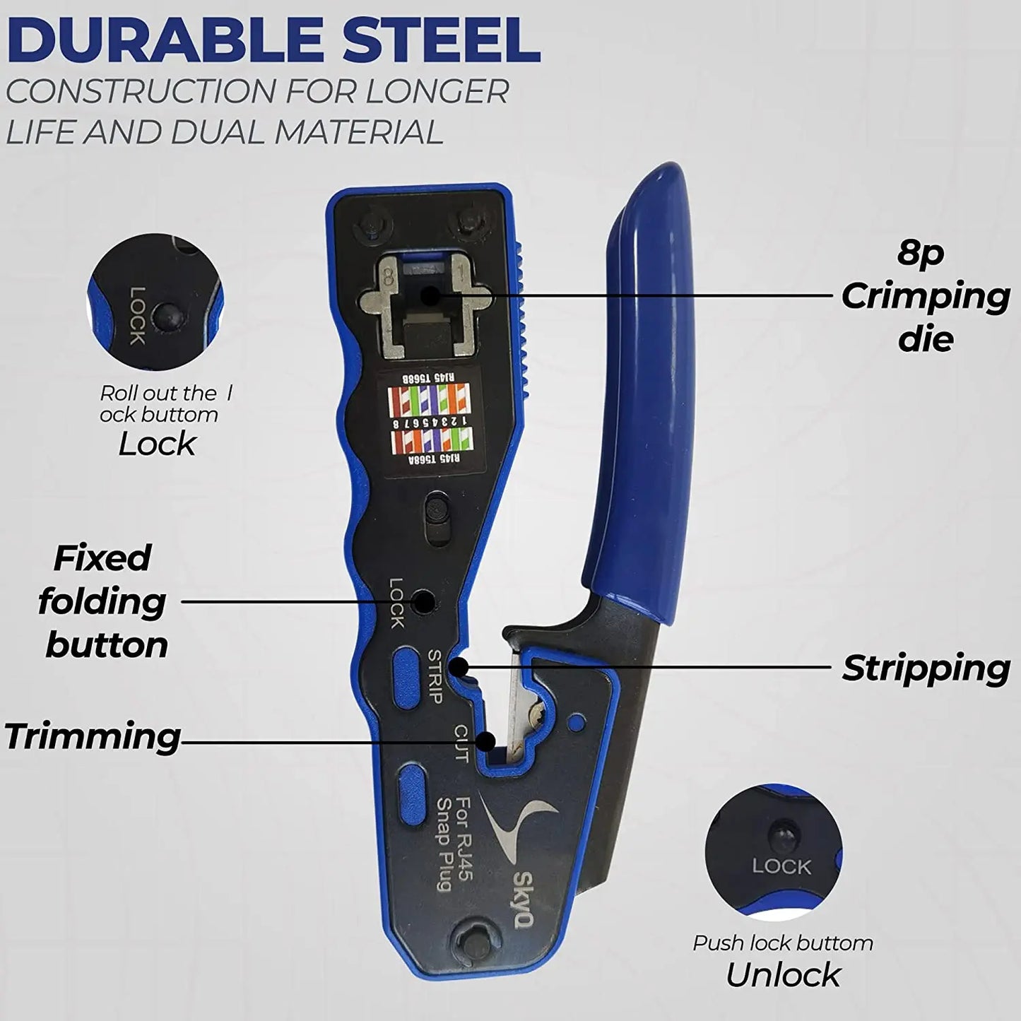 RJ45 Crimp Tool Pass Through Crimper Cutter for Cat6a Cat6 Cat5 8P8C Modular Connector Ethernet All-in-one Wire Tool