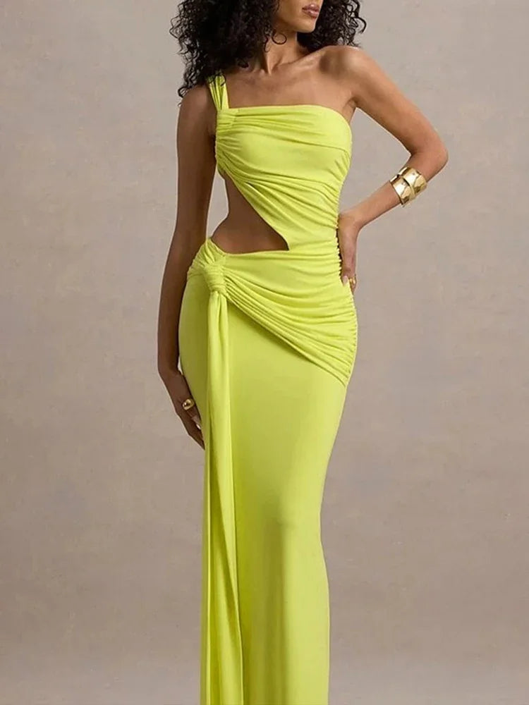 4 Colors UK Size Sexy Backless Hollow Asymmetrical Maxi Dress Women One Shoulder Irregular Pleated Solid Tassel Patchwork Midnight Clubwear Party Dress