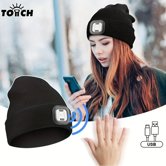 NEW BRAND 4 Colors LED Sensor USB Rechargeable Brimless Hat with Light, Black Winter Warm Knit Headlamp, Hands-Free Flashlight Outdoor Travel Hiking Running Cycling Camping Sports Supplies