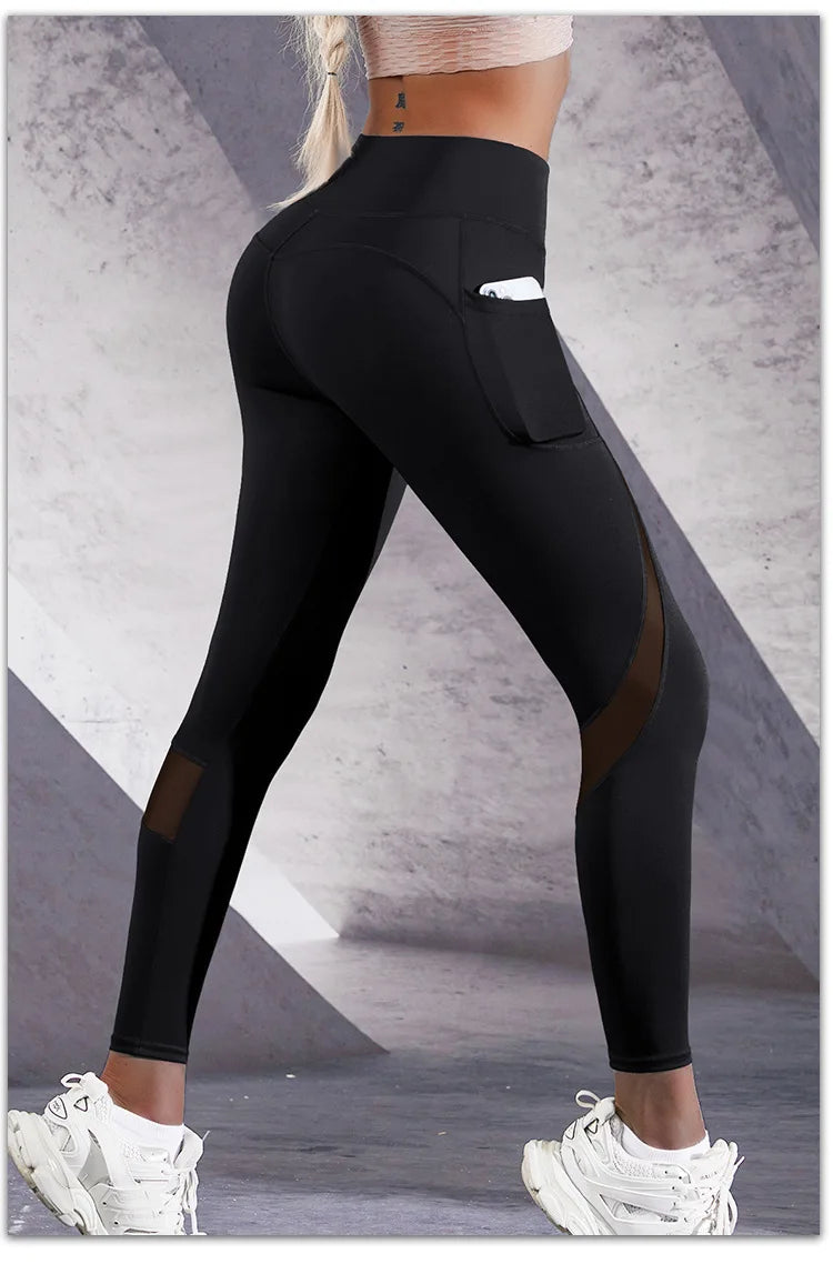 NEW Arrivals HOT Sales Black/Burgundy Pockets Mesh Leggings Stretchy Fitness Running High Waist Yoga Pants Women Sports GYM Legging Workout Leggings Fashion Sportwear Supplies