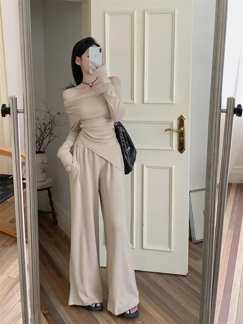 NEW Arrivals 2PCS Set M-2XL Black/Apricot/Gray Color Off-Shoulder Long Sleeve Elegant Suit Slimming Top And Smoothing Bottoms Women's Autumn Bell Pants High-End Feel