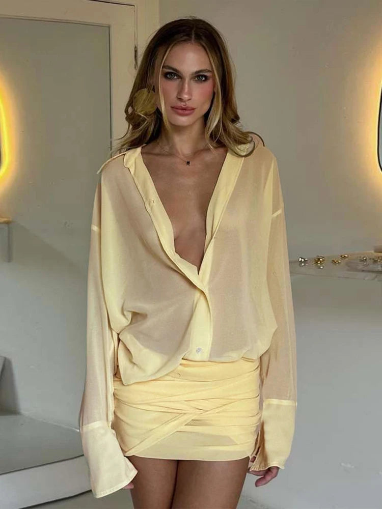 NEW Arrivals UK Size Claret/Black/Yellow Color Rushed Sexy See Through Dress Women Patchwork Single-Breasted Full Sleeve Bandage Tassel Trend Streetwear Mini Bodycon Spring Summer Outfits