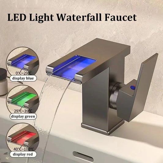 NEW Arrivals Luxury Basin Waterfall Style All-Copper LED Light Luminous Faucet Bathroom + 80cm Hot Cold Pipe Above Counter Basin Household Hot and Cold Water Faucet