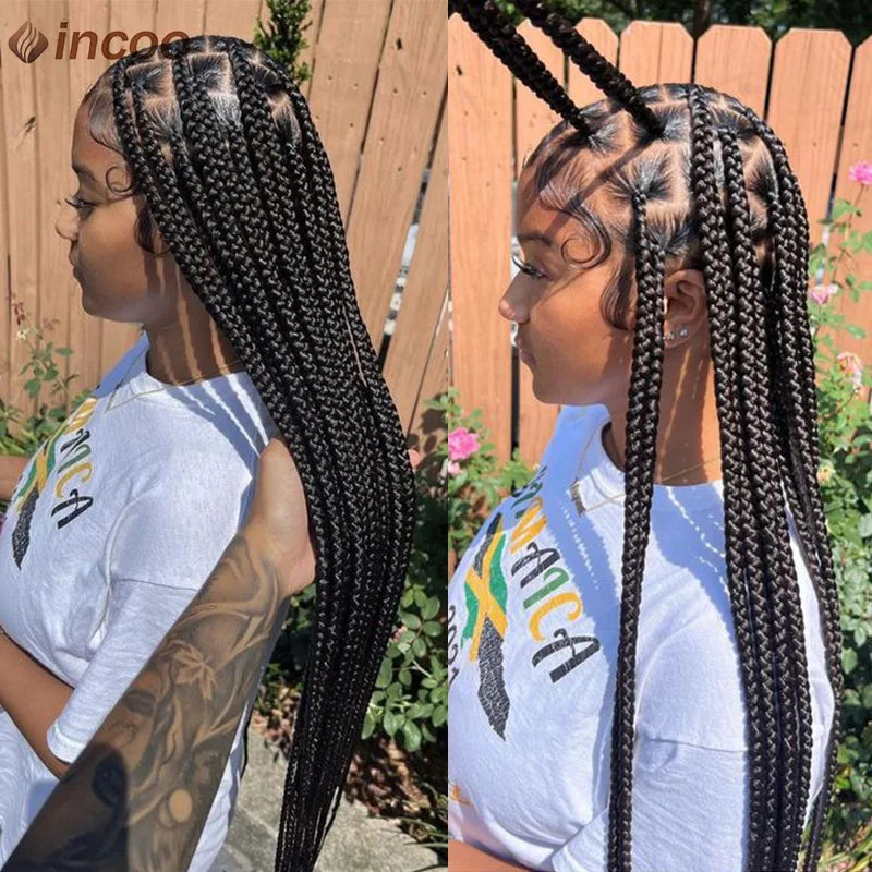 Large Box Braided Wigs Jumbo Knotless Full Lace Front Synthetic Wigs For Black Women Jumbo Tribal Braids Faux Locs Cornrows Wig