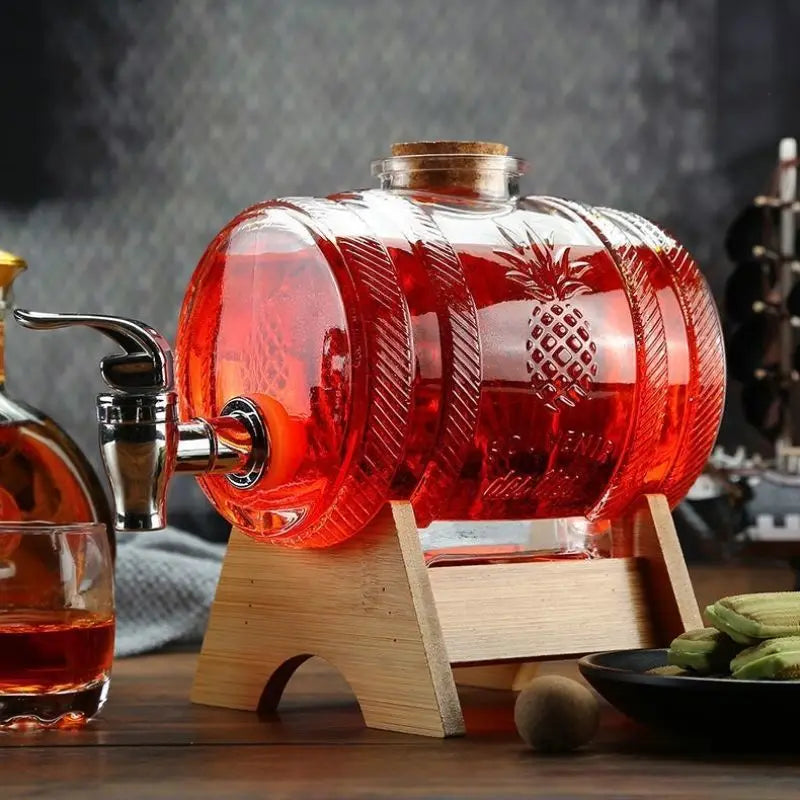 1000ML Full Set Glass Whiskey Barrel Wine Barrel Beer Bottle Fruit Aging Alcohol Honey Storage Container With Base Faucet Bar Set Home Bar Pubs Restaurants Barware Accessories