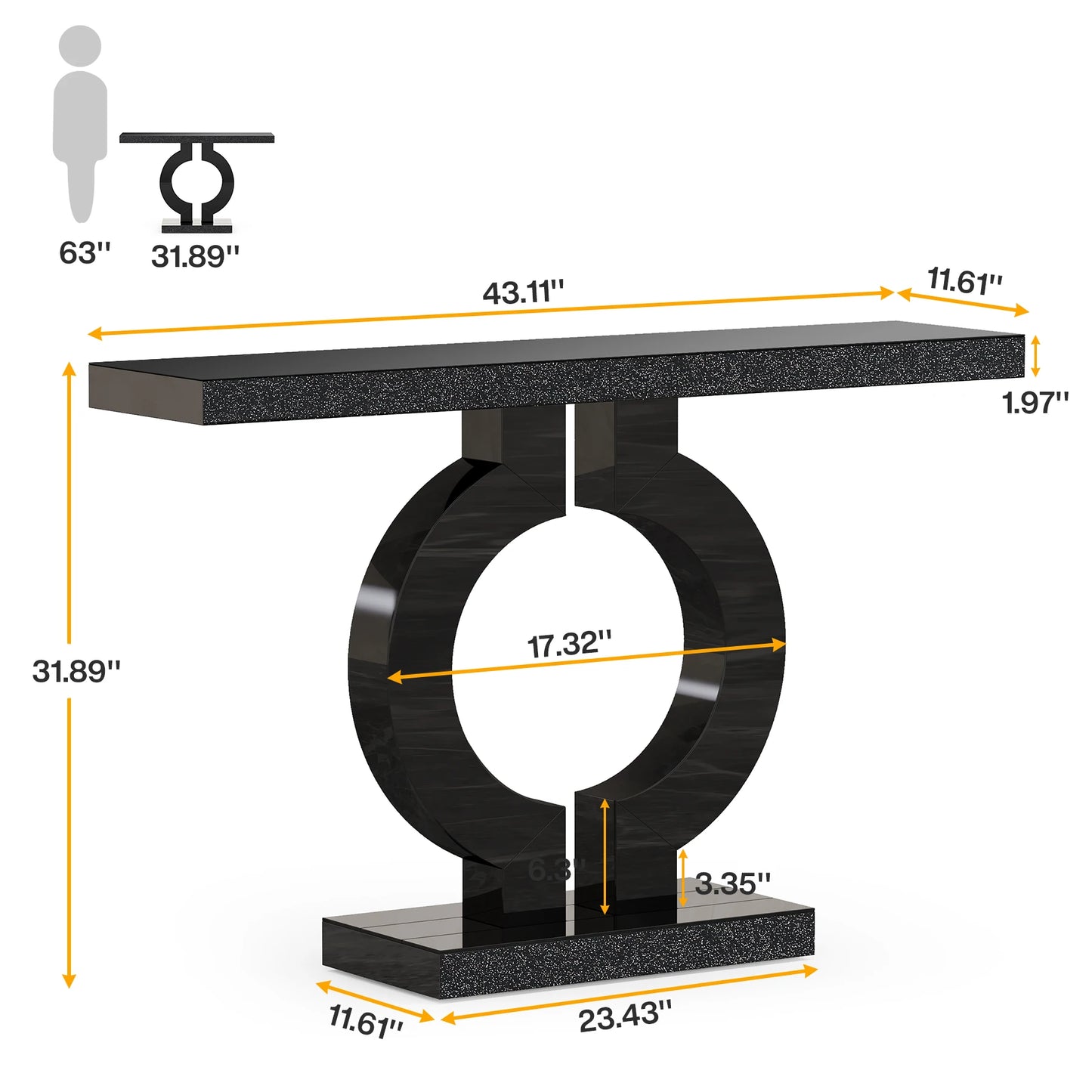 Ivory/Black Color 43-Inch Luxury Modern Mirrored Console Table, Glass Sofa Table with Mirror Finish, Entryway Table with O-Shaped Base, Home Furniture Supplies
