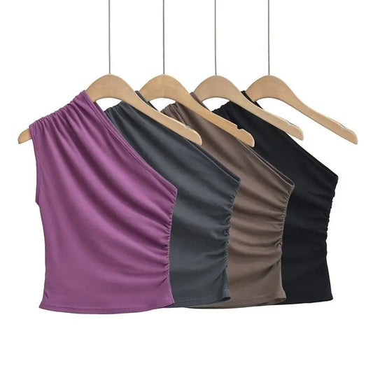 NEW Arrivals S-XL UK Size 4 Colors Women's One Shoulder Tank Top Sexy Hot Sweet Solid All-Match Summer Casual New Trend Folds Elegant Irregular Sleeveless Camisole Tops
