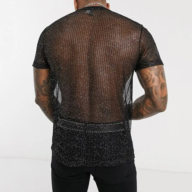 Men Short Sleeve Mesh Shirt Sheer Slim Fit Shiny Sexy T Shirt Party Nightclub Thin Breathable