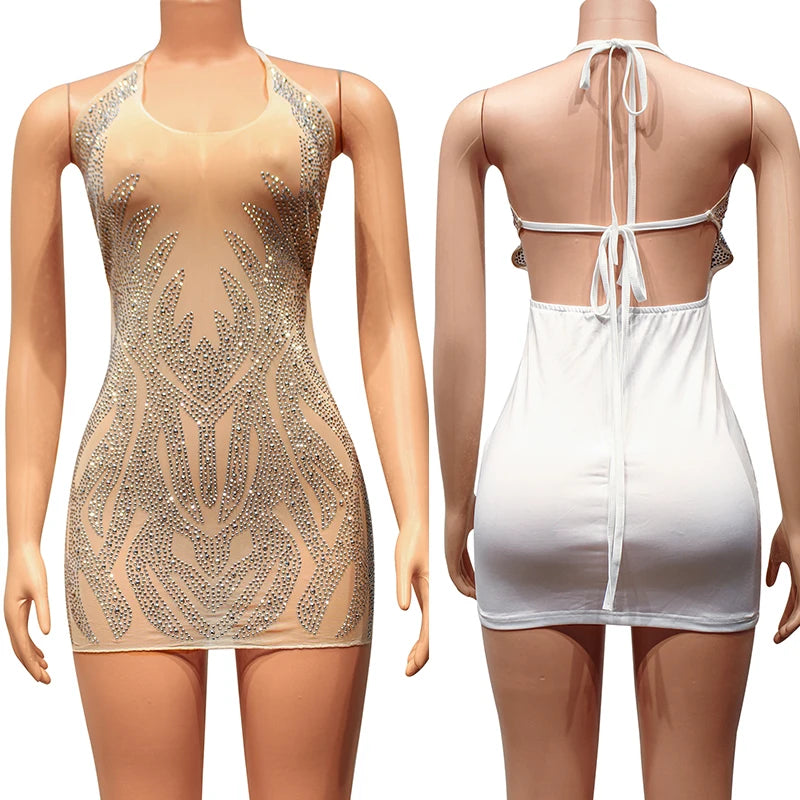 NEW Arrivals Diamonds Rhinestone Evening Party Birthday Dress for Women Night Club Mesh See Through Halter V-Neck Backless Sexy Bodycon Mini Dress