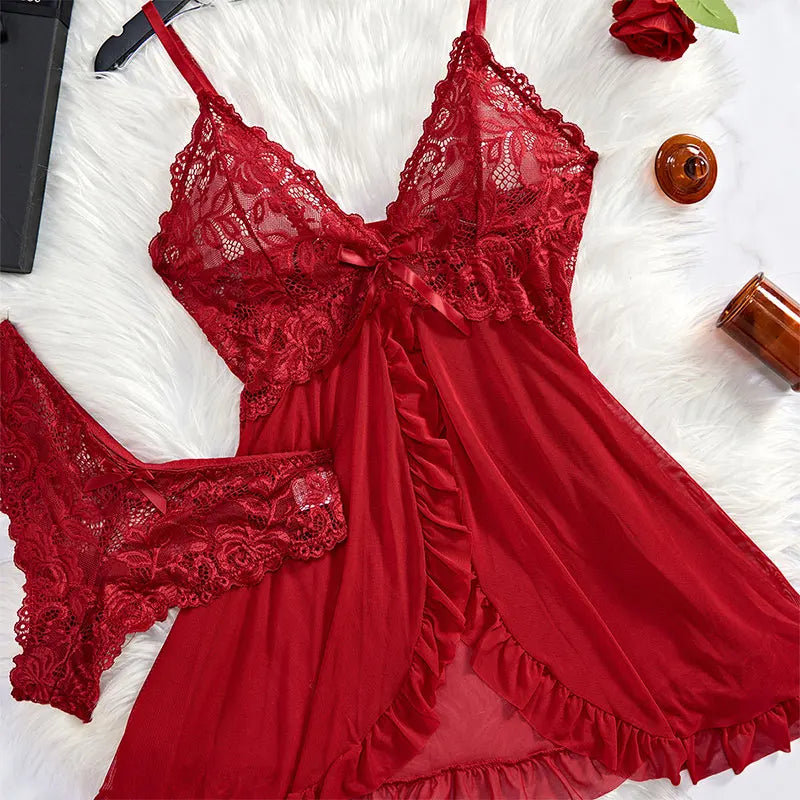 NEW 2PCS Set S-2XL Plus Size White/Black/Red Color  Lace Sleeping Robe Nightgown Set Hot Erotic Pajamas With Summer Sleeveless Halter Dress Sexy Sleepwear For Chubby Woman