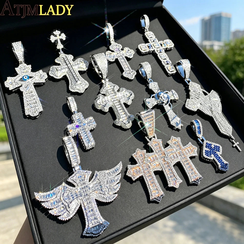 New Iced Out Cross Pendant Necklace For Women Men Bling Prong Setting Cubic Zirconia Cross Charm Luxury Hip Hop Fashion Jewelry Accessories.