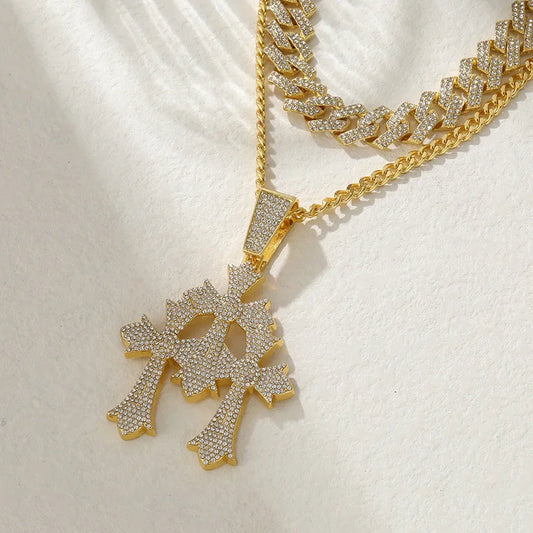 Three Crosses Classic Retro Mosaic Pendant Cuban Chain Trendy Hip Hop Pendant Necklace Women and Men Jewelry Accessories