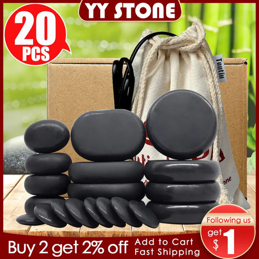 NEW 20PCS Set Korean Professional Hot Stone Massage Set Heater Box Relieve Stress Back Pain Health Care Lava Basalt Round Massage Tool Full Body Pain Relief Treatment Healing Heating Stones