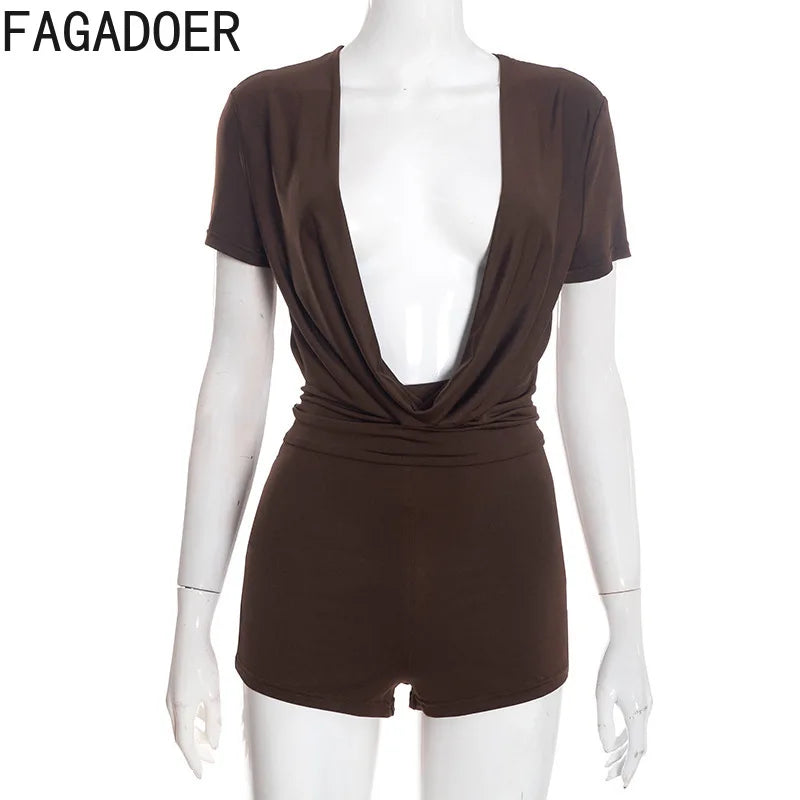 Black/White/Brown Color Spring New Ruched Deep V Bodycon Rompers Women Short Sleeve Slim Jumpsuits Sexy Solid Overalls Streetwear Evening Beach Party Midnight Clubwear