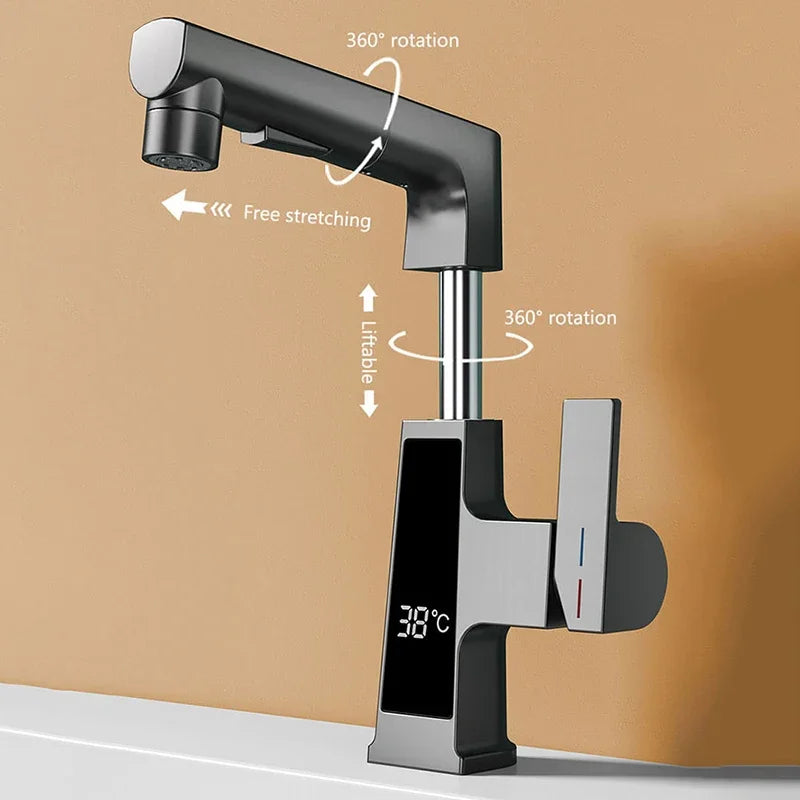 NEW Digital Display Pulling Faucet with Washing Gun Intelligent Temperature Sensor Brass Washbasin Taps Rotating Lifting Cold and Hot Water Mixer Tap Home Bathroom Kitchen Accessories