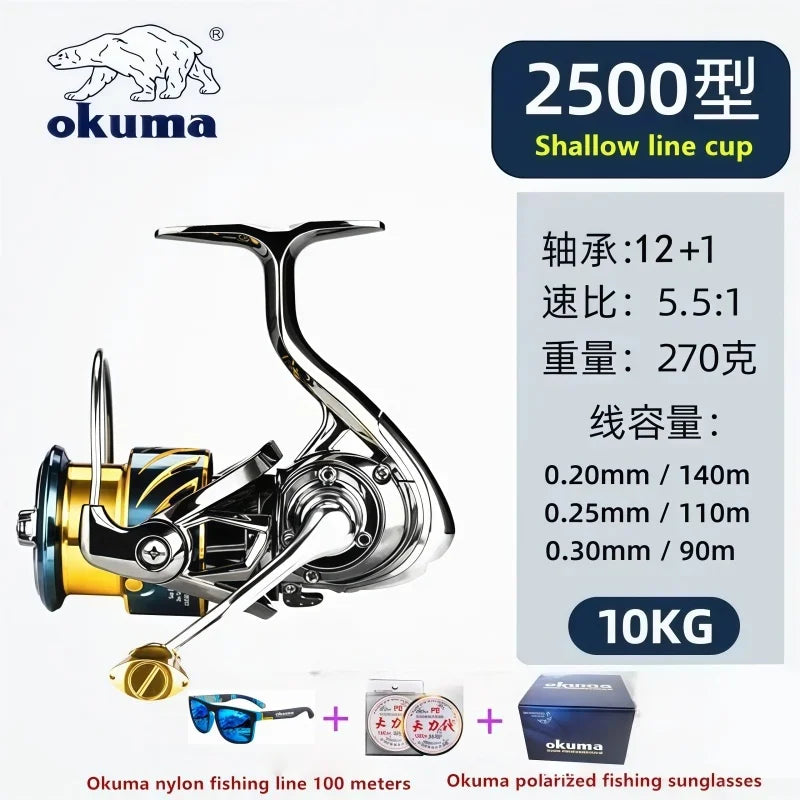 Original Japanese Okuma Brand New Arrival Saltwater Professional Fishing High Speed Reel Spinning 1000-500 9+1BB 5.1:1 Max Drag 10-20KG Water-Proof Reels Lake River Sea Boat Fishing Supplies