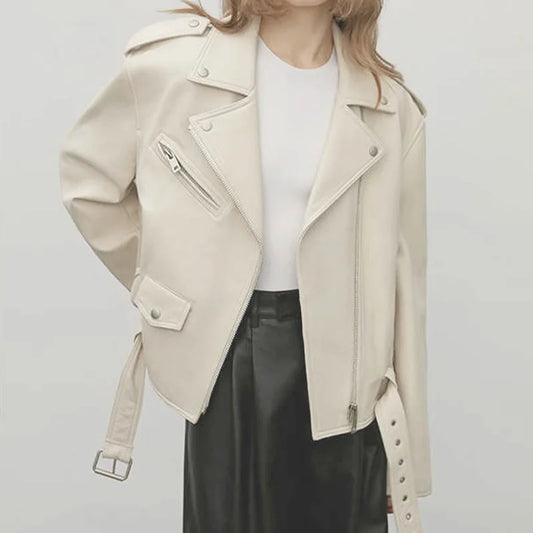 New Women's Motojacket Genuine Sheepskin Leather Jackets Lady Fashion Moto Biker Leather Coats Streetwear Zipper