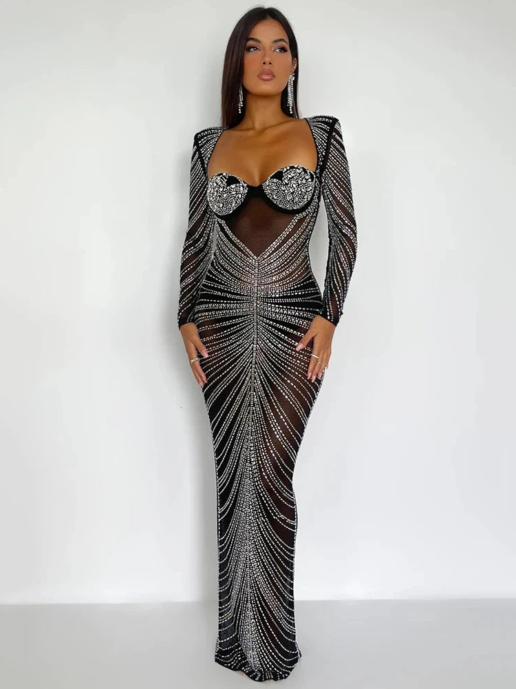 Low-Price Sales are Limiter NEW HOT SALE S-2XL Luxury Glitter Mesh See Through Party Maxi Dress For Women Fashion Full Sleeve Bodycon Sexy Club Long Evening Dress Female Ladies Luxury Fashion Clothing Products