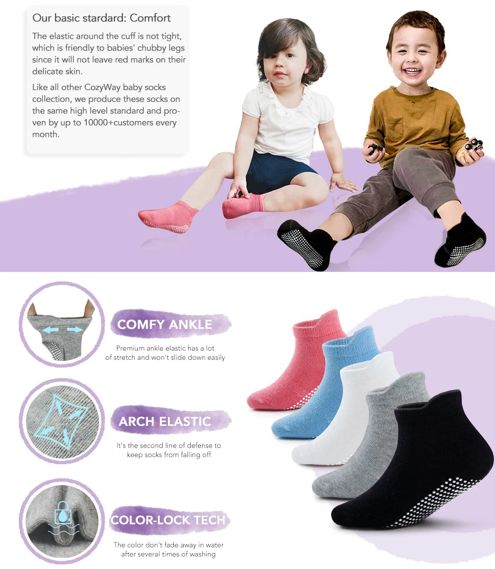 NEW 0-7Y 6 Pairs Set Lot Spring Autumn Newborn Kids Anti-Slip Cotton Socks Solid Color Soft Breathable Cotton Baby's Boat Socks Boys Girls Trampoline Socks