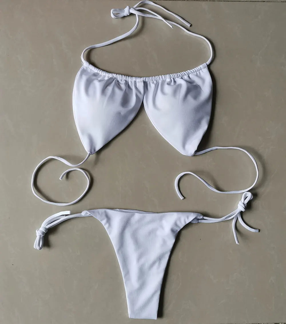 2 PCS Set S-XL Multi-Colors Summer Women's Sexy Bikini Push-Up Padded Bra Brazilian Thong Split Swimwear Female Bandage Bathing Suit Adjustable Lacing Swimsuit Solid