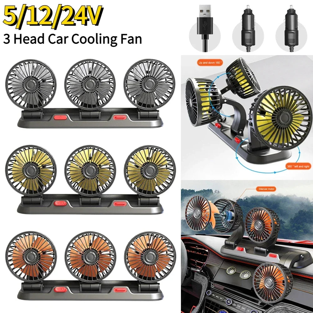 NEW Design 360° Rotating Three Heads Car Cooling Fans Portable Home Office Powerful Wind Speed Whirlwind All Vehicles USB Car Cigar Charging Perfect Summer Days Air Cooling Supplies