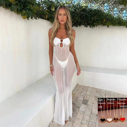 NEW 3 Colors Summer Women Mesh Wrapped Chest Dress Sexy See Through Cut Out Slim Coquette Vacation Beach Style Girls Evening Party Night Clubwear Beach Bar Sexy Dress