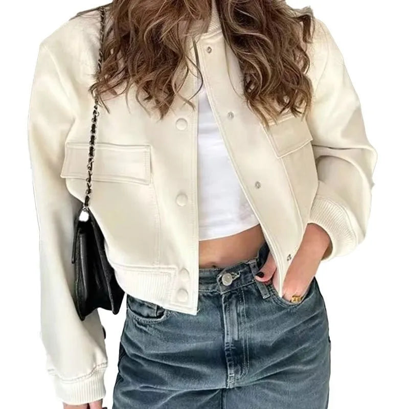 NEW Arrivals S-3XL 4 Colors Fashion Women Elegant Solid Bomber Jacket Long Sleeve Button Slim Cropped Coat Female Casual Chic Tops Woman Streetwear