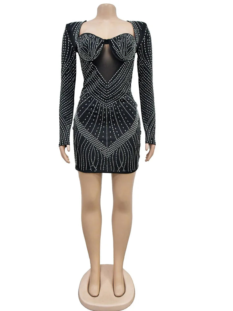 Sexy  Beautiful Black Rhinestone Padded Mini Dress Your Distraction Diamonds Party Dress Birthday Outfits Night Out Wear Robe