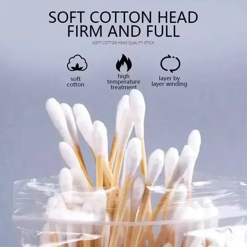 500 PCS Set Bamboo Cotton Swabs with Wooden Sticks, Double Round Tips, Biodegradable Cotton Buds Multi-Purposes Cleaning Hygiene Supplies