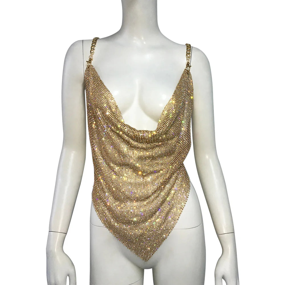 Black/Silvery/Gold Color Sexy Deep V Neck Backless Sling Crop Top For Women Glitter Diamonds Metal Sequin Luxury Tank Top Summer Evening Beach Party Nigh Clubwear Clothes