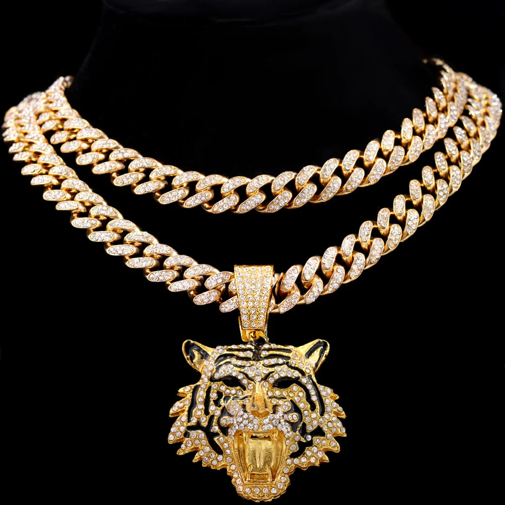Luxury Rhinestones Gold/Silvery Color Hip Hop Tiger Head Pendant Necklace for Men Women, Iced Out Rhinestone Cuban Link Chain, Animal Bling Jewelry Gifts