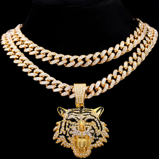 Luxury Rhinestones Gold/Silvery Color Hip Hop Tiger Head Pendant Necklace for Men Women, Iced Out Rhinestone Cuban Link Chain, Animal Bling Jewelry Gifts