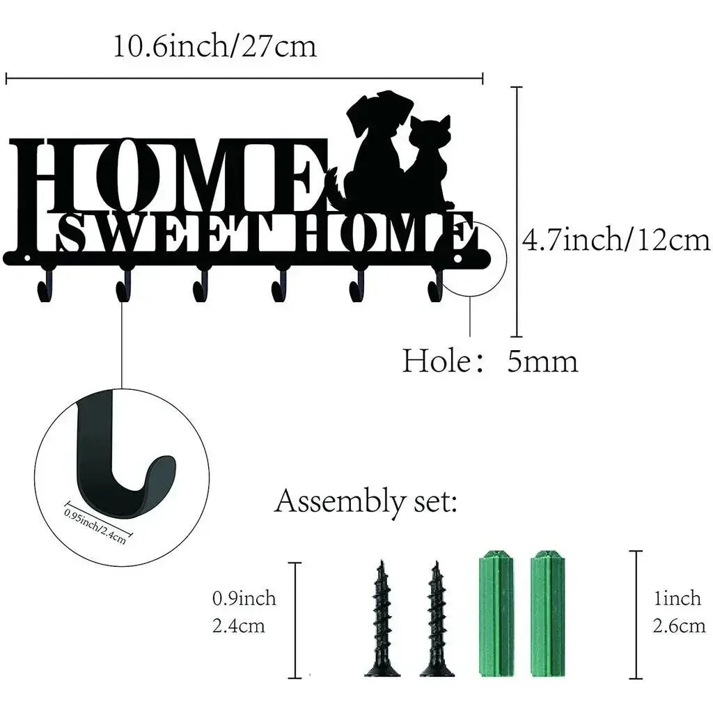 Hook Hanger Wall Key Holder Metal Decorative Coat Hanger with Sweet Home and Dogs Design Organizer Rack with 6 Hooks