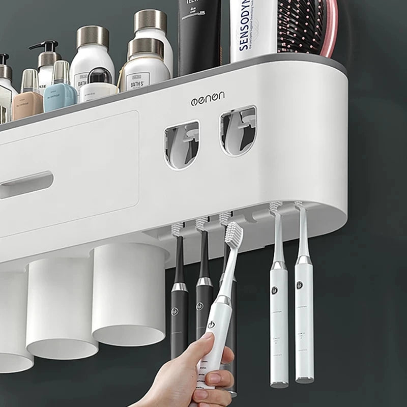 NEW Arrivals  Wall Mounted 5 Cups Toothbrush Holder Magnetic Adsorption Inverted Toothpaste Squeezer Double Automatic Toothpaste Dispenser Bathroom Accessories