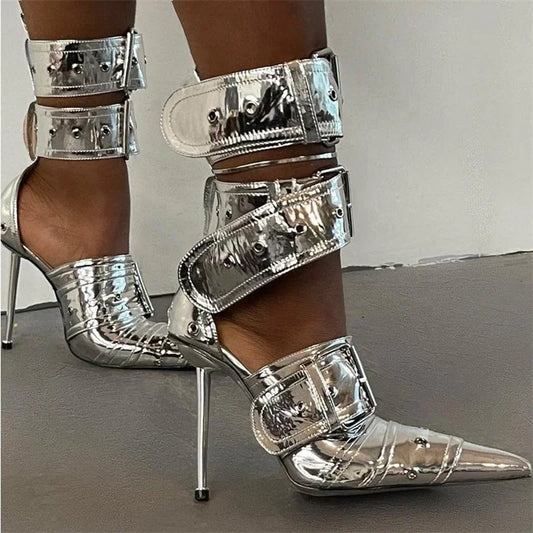 2 TYPES 5 Colors  Metal + Denim Rivet Buckle Silver Luxury Shoes Sandals Women's Sexy Punk Style Pointed Metal Hollow 12cm High Heels Size 34-43 Women's Shoes