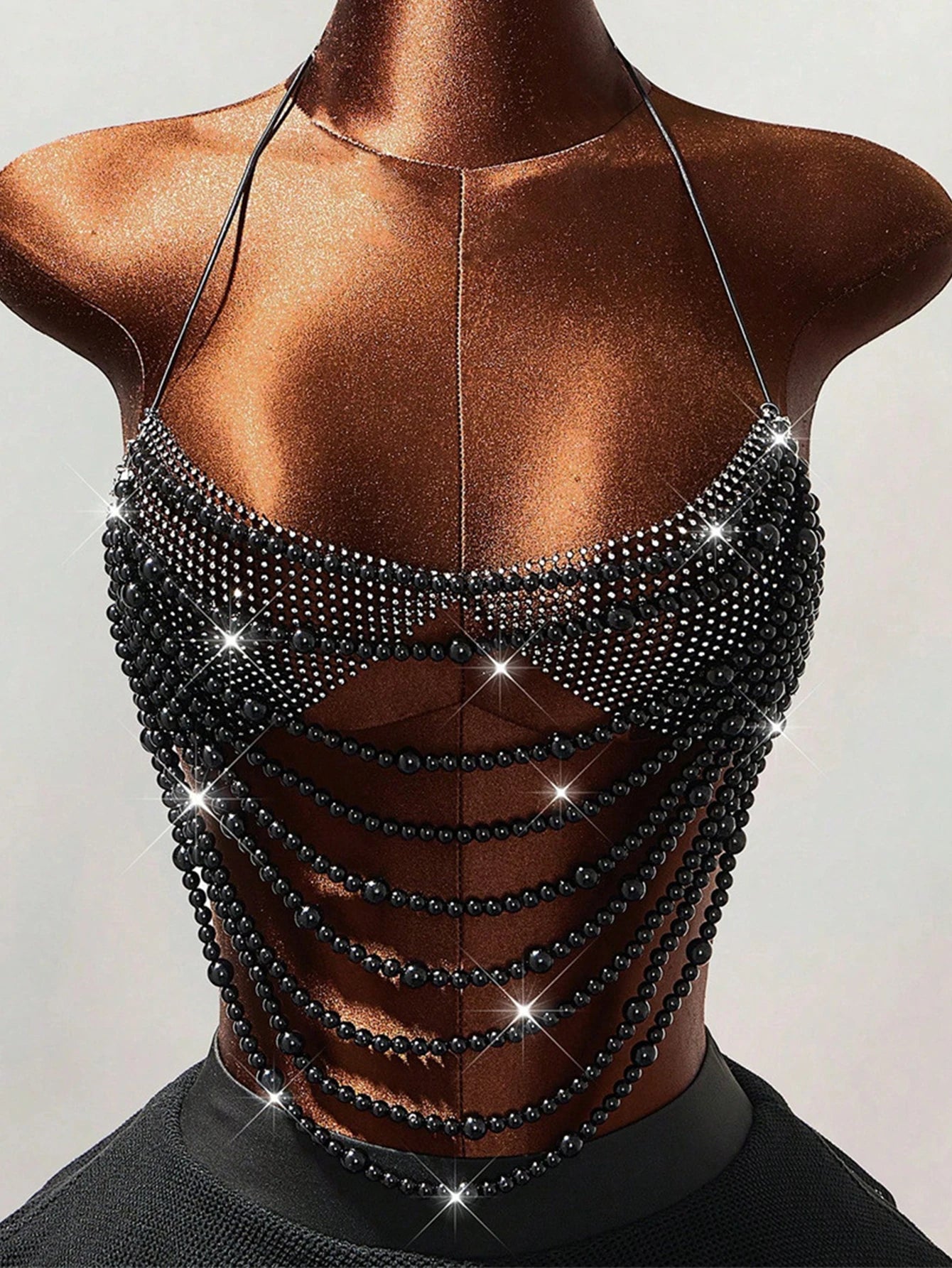 Just Arrived Sexy Black Metal Rhinestone Corset Crop Top Women Summer Evening  Beach Club Party Tops Woman Clothing See Through Pearl Halter Tank Top Ladies Sexy Apparel Accessories