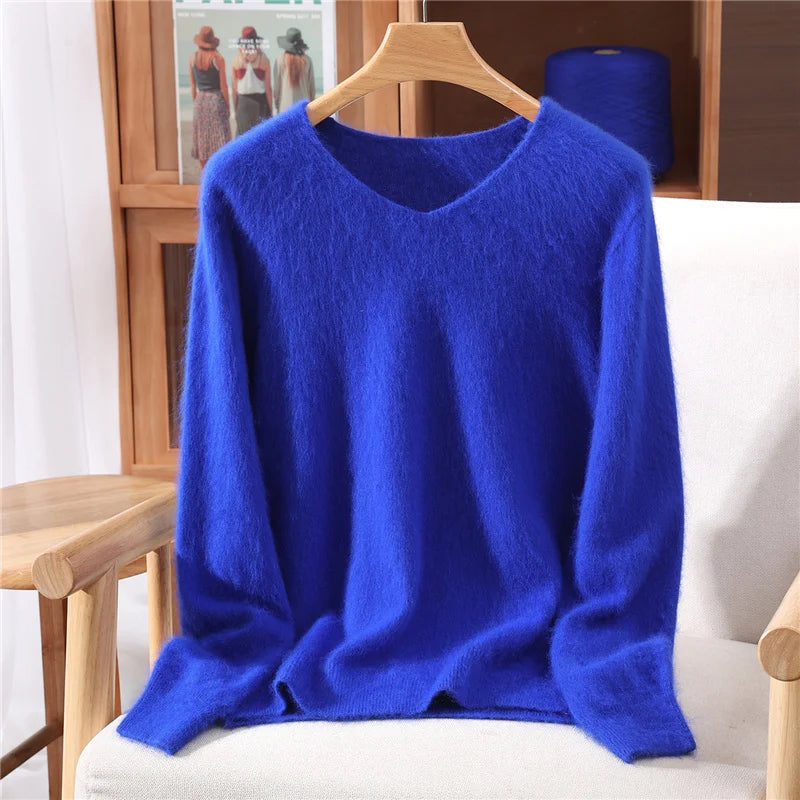 100% Mink Uzbekistan Cashmere 10 Colors S-3XL UK Plus Size Sweater Women's Autumn Winter New Style Solid Color V-Neck Knitted Top Quality Sweater Versatile Loose Base Top