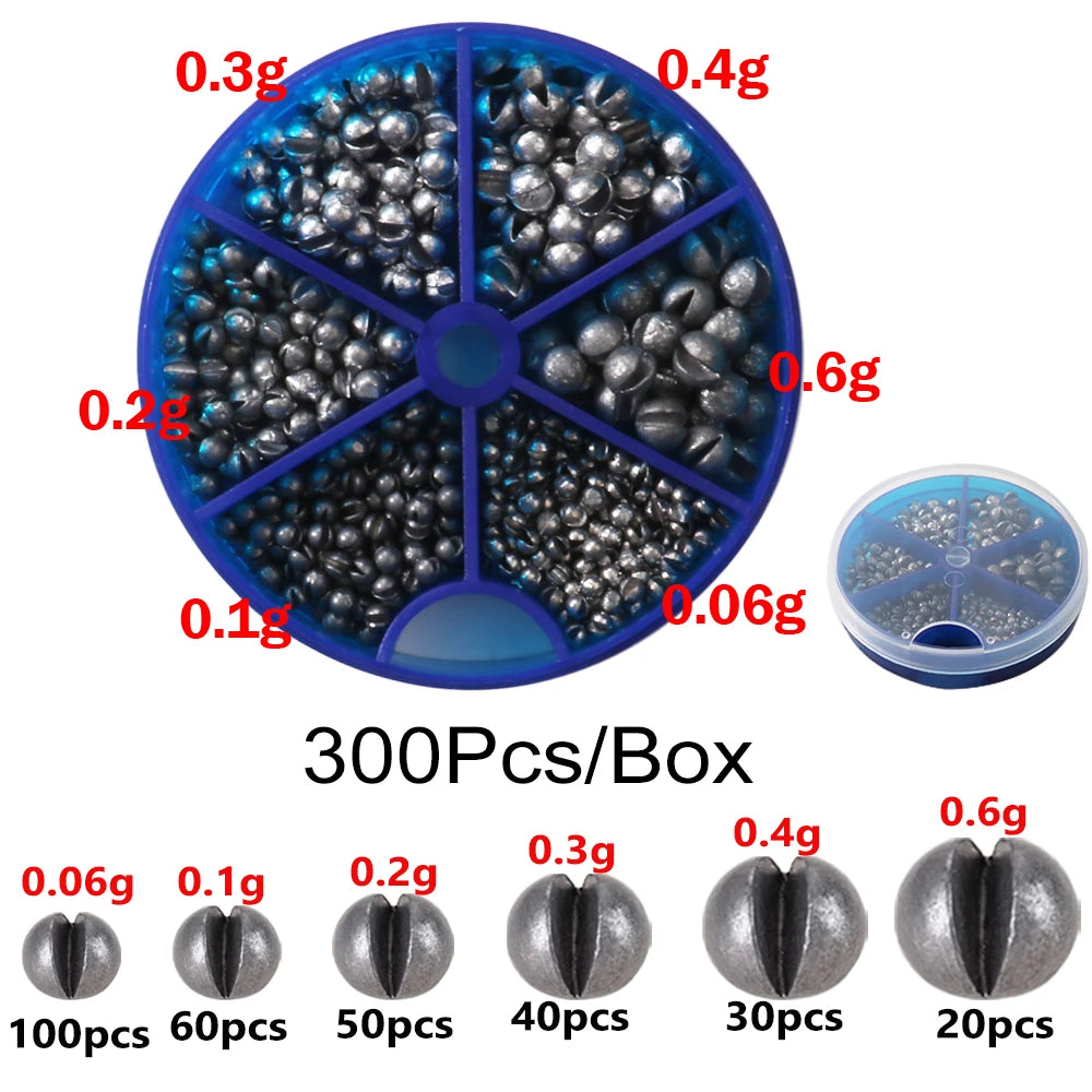 500 PCS Set Split Shot Fishing Sinkers 0.06g-5g 10 Removable Clip-On Alloy Weights 2mm-9.4mm Tackle Box  for Freshwater Saltwater Lake River Sea Boat Fishing Accessories Tools Set