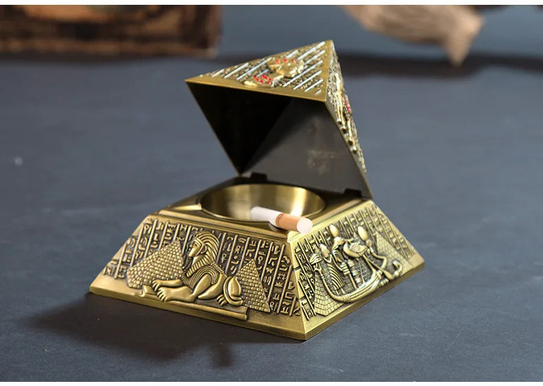 Egyptian Tutankhamun Pharaoh Bronzer Pyramid Metal Ashtray, Creative Candle Holder for Home Club Hotel KTV, European Style Decorative Sculpture