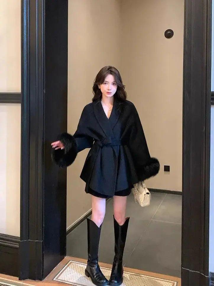 UK Size 5 Colors Elegant Lace Up Woolen Overcoat Women Casual Lapel V-Neck Full Sleeve Loose Warm Outerwear Lady New Autumn Commute Street Coat