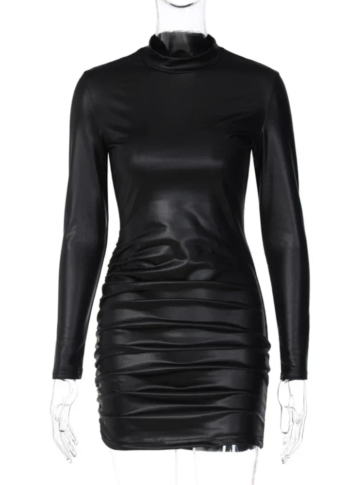 Sexy PU Leather Folds Slim Bodycon Dress Women Solid  Color Long Sleeves Skinny Mini Dress Elegant Club Party Hot Sexy Mini  Dress