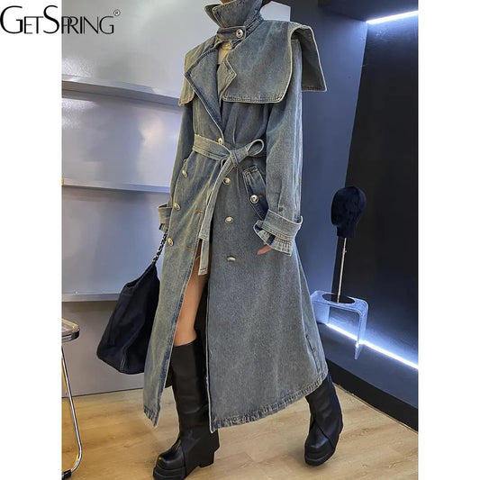 Spring Women Denim Trench Coat Spring Temperament Double Breasted Lace Up Loose Long denim Coat All Match Fashion