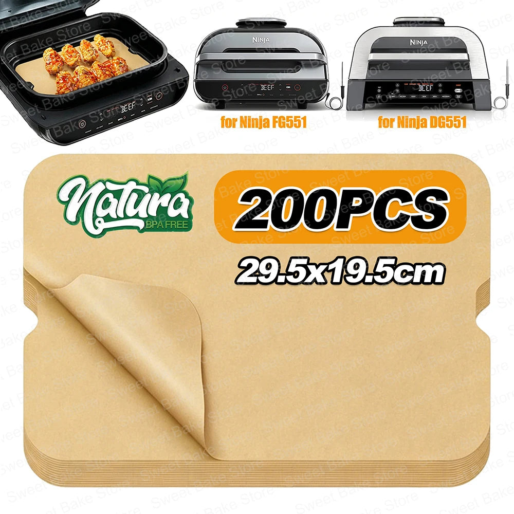 100/200 PCS Set Air Fryer Baking Paper Sheets Compatible with Ninja Food Smart XL FG551 6-in-1 Indoor Grill, Rectangle Parchment Paper Liners