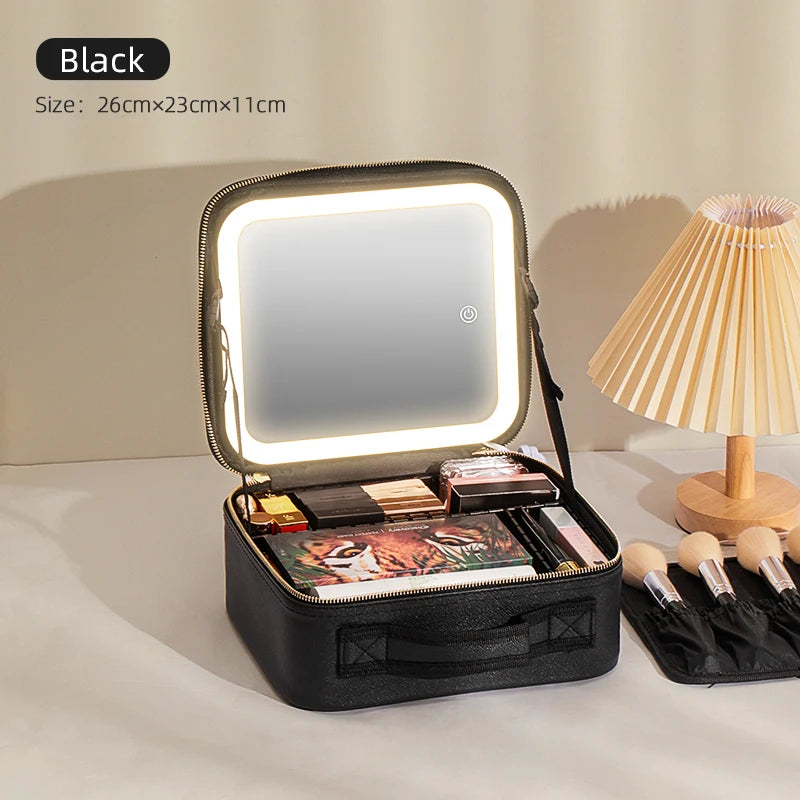 Make-Up Travel Train Case with LED Lighted Mirror, 3 Color Adjust Settings, Travel Makeup Bag With Adjustable Dividers Women Cosmetic Accessories