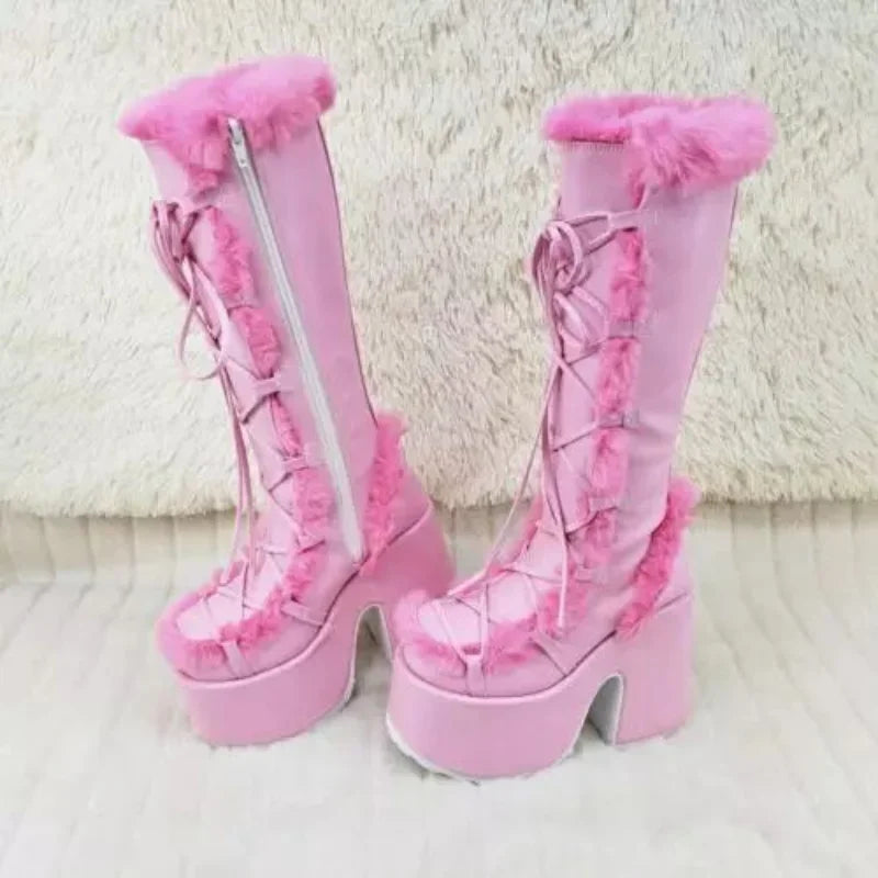 New Arrivals Winter Women Snow Boots Platform Wedge High Heel Rabbit Fur Lady Shoes Female Plush Warm Non-Slip Mid Calf Boots Goth Shoes Girls Footwear Supplies