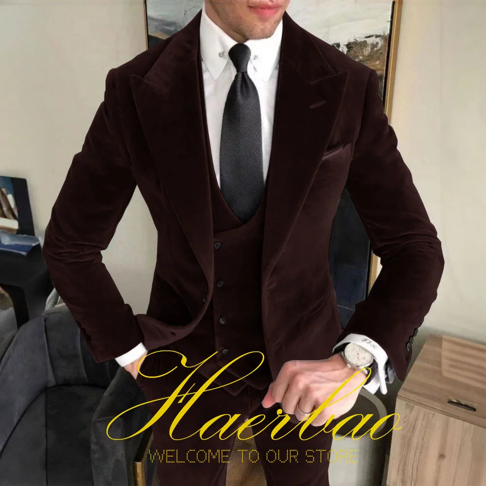 Low-Price Sales are Limited NEW Arrivals 3PCS Set S-5XL 5 Colors Suit for Men Business 100% Velvet Suit (Jacket Pants Vest) Formal Gun Lap Collar Groom Wedding Best Man Blazer Men Luxury Fashion Clothing Supplies