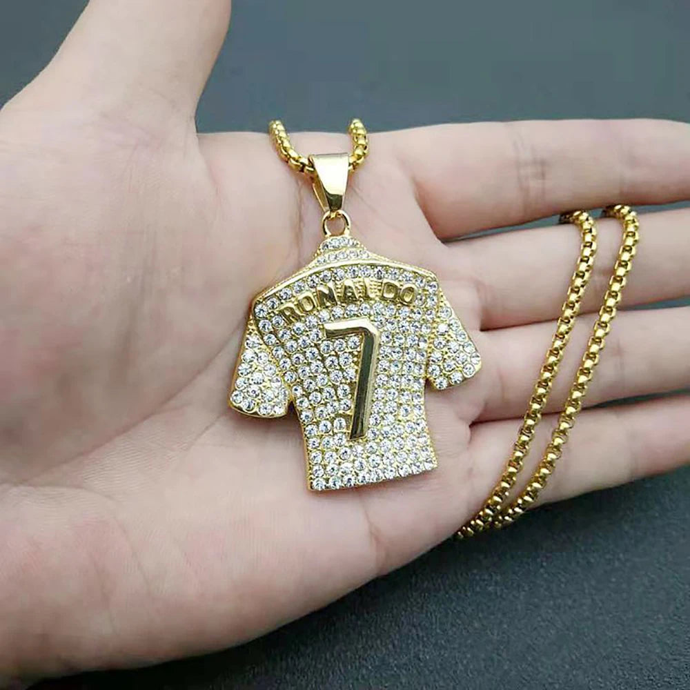 Fashion Football Jersey Messi Cristiano Ronaldo Neymar Mbappé Harland Rhinestone Necklaces + 60cm Gold Chain Men Stainless Steel Soccer Fans Hip Hop Jewelry Accessories
